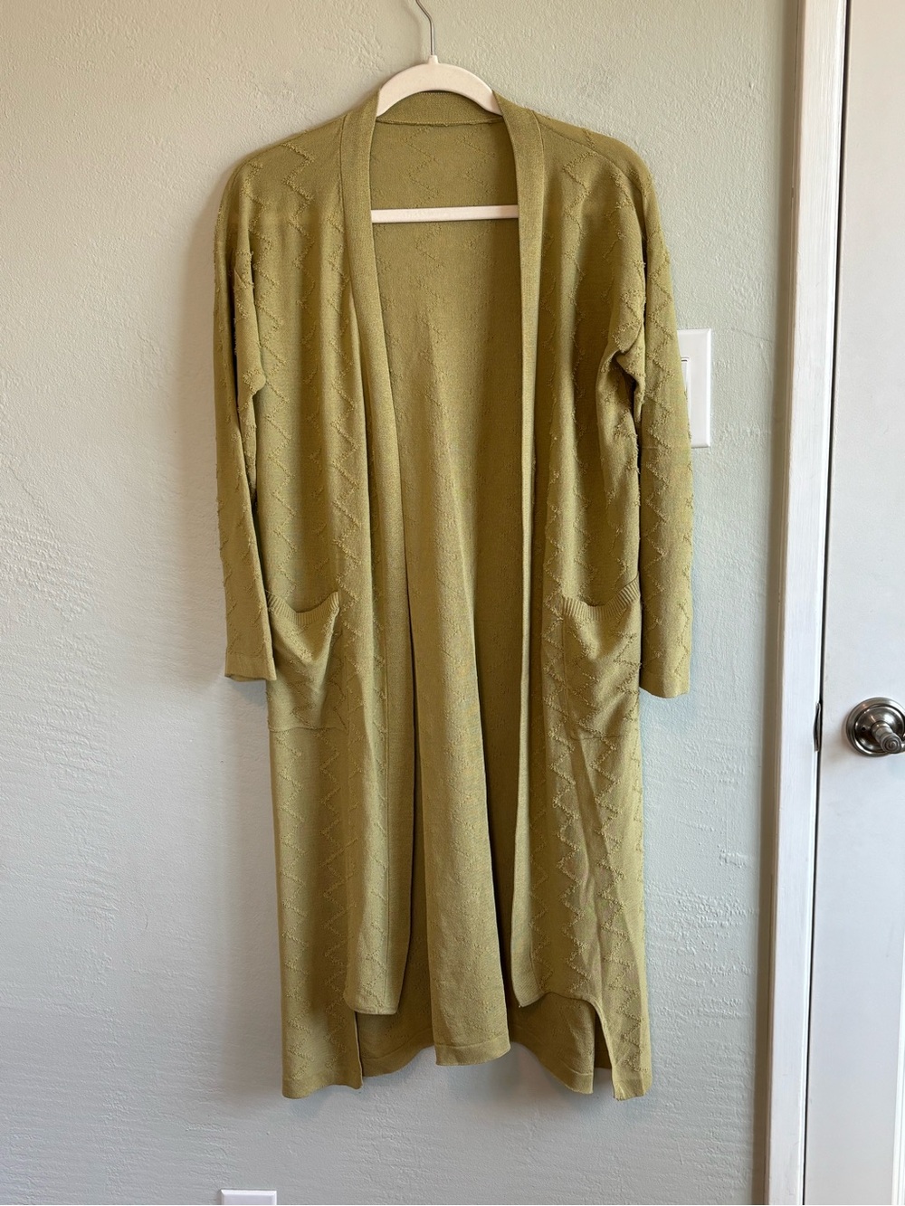 Textured Longline Duster Cardigan Light Olive Green Open L